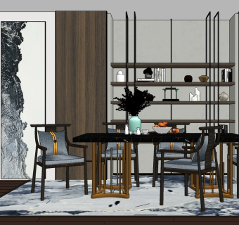 新中式餐厅su草图模型下载