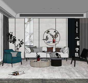 新中式客厅,su草图模型下载