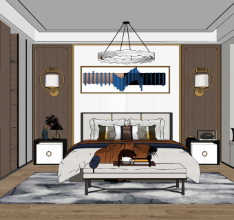 新中式轻奢卧室su草图模型下载