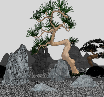 新中式庭院景观小品,su草图模型下载