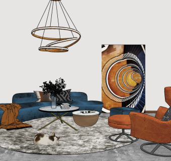 现代弧形风格沙发茶几组合su草图模型下载