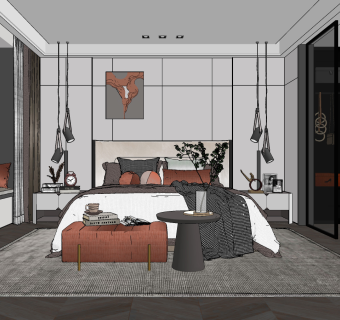 现代家居卧室su草图模型下载