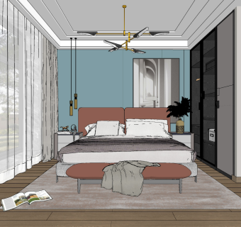 现代简约卧室su草图模型下载
