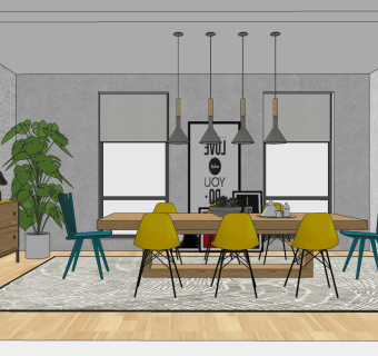 03北欧住宅餐厅，餐桌椅餐边柜，挂饰挂件su草图模型下载