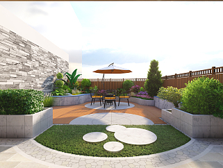 22新中式屋顶花园茶室，遮阳伞(1)su草图模型下载