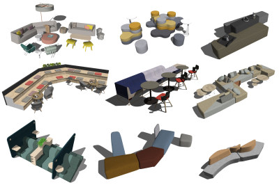 07现代布艺异形沙发公共座椅，卡座办公区沙发su草图模型下载