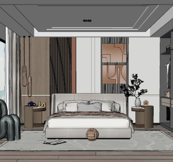 10现代样板间卧室双人床su草图模型下载