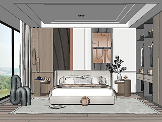 10现代样板间卧室双人床su草图模型下载