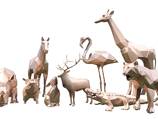 现代 几何 鹿，犀牛，鳄鱼，马火烈鸟动物 雕塑su草图...