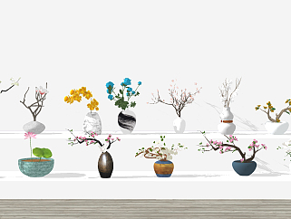 01新中式花艺，花瓶，插花，盆栽su草图模型下载