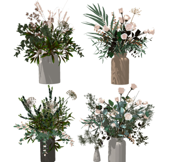 10现代花瓶插花花艺，玫瑰花su草图模型下载