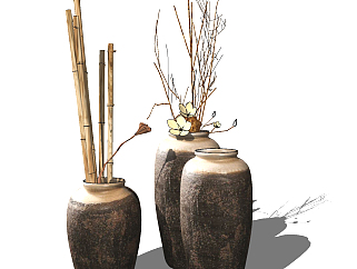 37新中式花瓶花艺陶罐竹杆陶土罐su草图模型下载