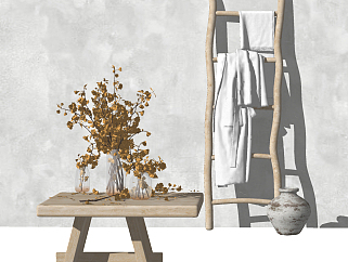 44现代民宿木板凳，浴巾梯子陶罐花瓶花卉su草图模型下载