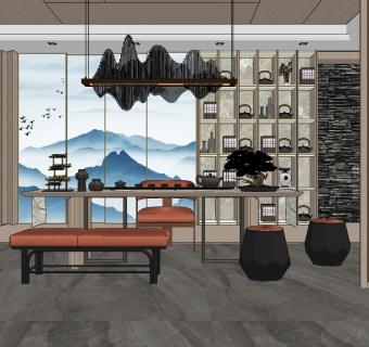 新中式茶室su草图模型下载