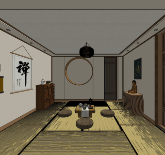 新中式茶室佛堂su草图模型下载