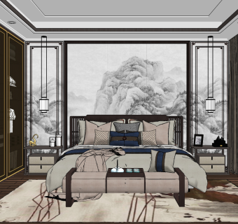 中式家居卧室su草图模型下载