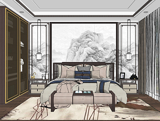 中式家居卧室su草图模型下载