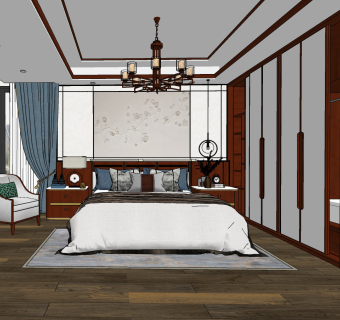 新中式卧室主人房su草图模型下载