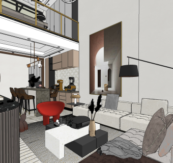 现代别墅客厅su草图模型下载