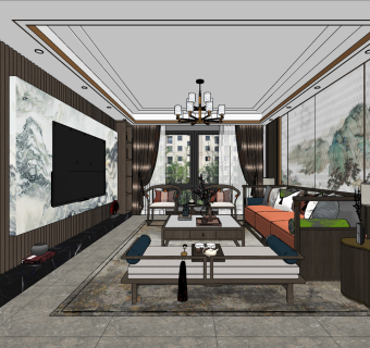 新中式客厅su草图模型下载