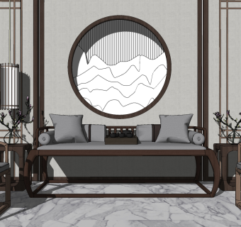 新中式罗汉床,沙发,su草图模型下载