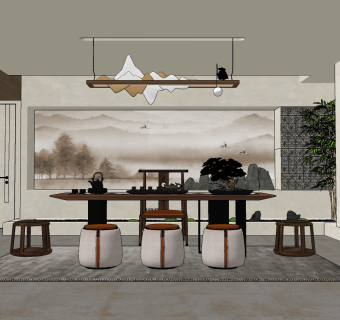 新中式茶室,su草图模型下载