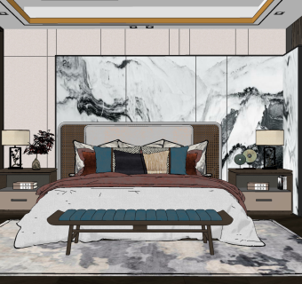 新中式卧室su草图模型下载