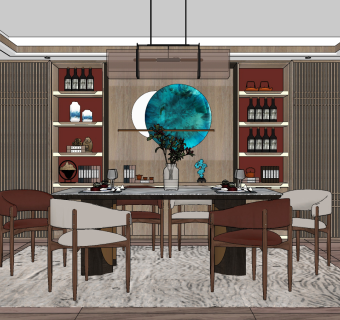 新中式餐厅su草图模型下载