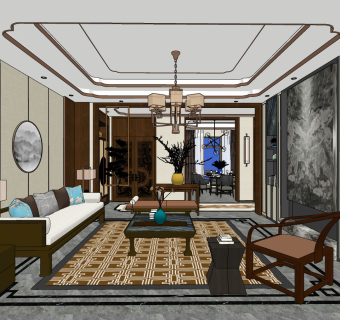 中式客厅su草图模型下载