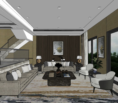 中式客厅su草图模型下载