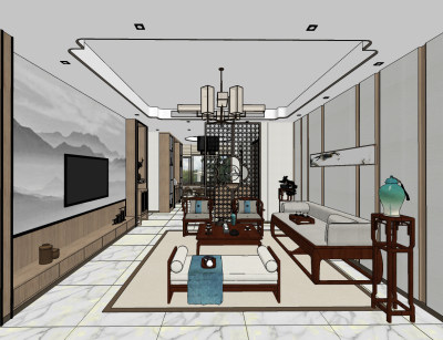 新中式客厅su草图模型下载
