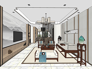 新中式客厅su草图模型下载