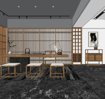 新中式轻奢茶室,su草图模型下载