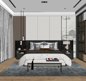 新中式主卧室su草图模型下载