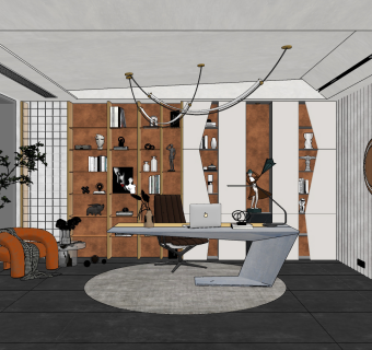 现代轻奢书房su草图模型下载