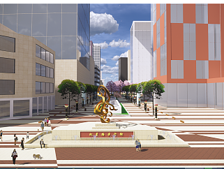 现代商业街区，水景雕塑喷泉 (1)su草图模型下载