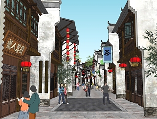 中式古典沿河商业街，古镇徽派建筑(1)su草图模型下载