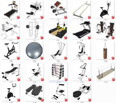 现代健身器械器材，双杠，跑步机哑铃拳击沙袋沙包su草图模型下载