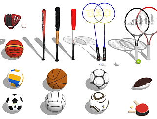 现代羽毛球球拍，网球球拍，足球篮球橄榄球，棒球，乒乓球排球球拍球类体育用品健身器材su草图模型下载