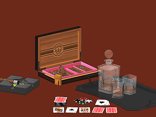 现代雪茄洋酒扑克牌陈设，烟灰缸，赌具，红酒瓶托盘su草图模型下载