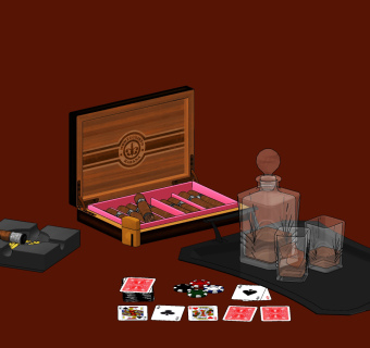 现代雪茄洋酒扑克牌陈设，烟灰缸，赌具，红酒瓶托盘su草图模型下载