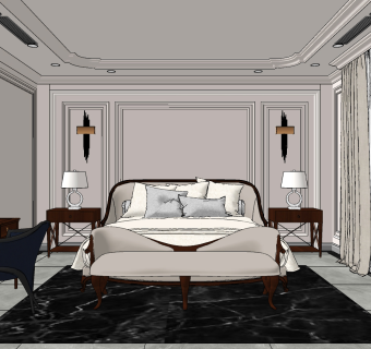 简欧式卧室su草图模型下载