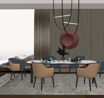 现代餐厅，餐桌椅，su草图模型下载