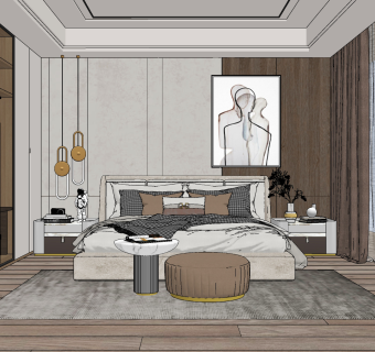 现代样板间卧室su草图模型下载