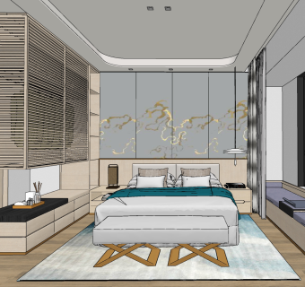 新中式卧室su草图模型下载