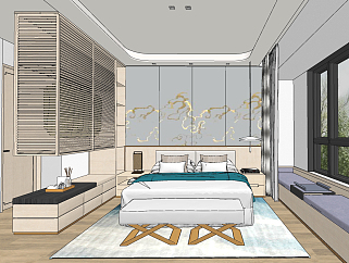 新中式卧室su草图模型下载