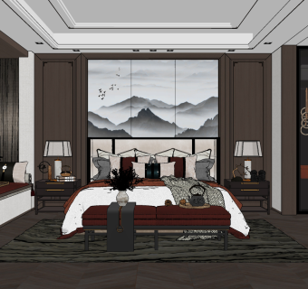 新中式卧室su草图模型下载