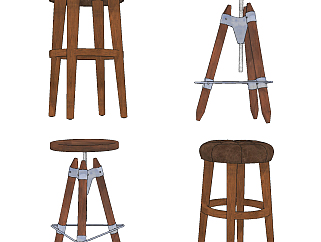 工业风<em>美式</em>圆形吧凳，吧椅组合su草图模型下载