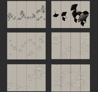 新中式仙女散花，银杏叶，花鸟浮雕皮革硬包,床头背景su草图模型下载