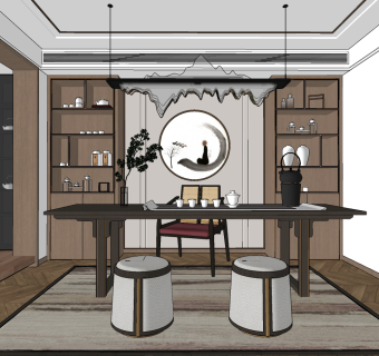 新中式书房su草图模型下载